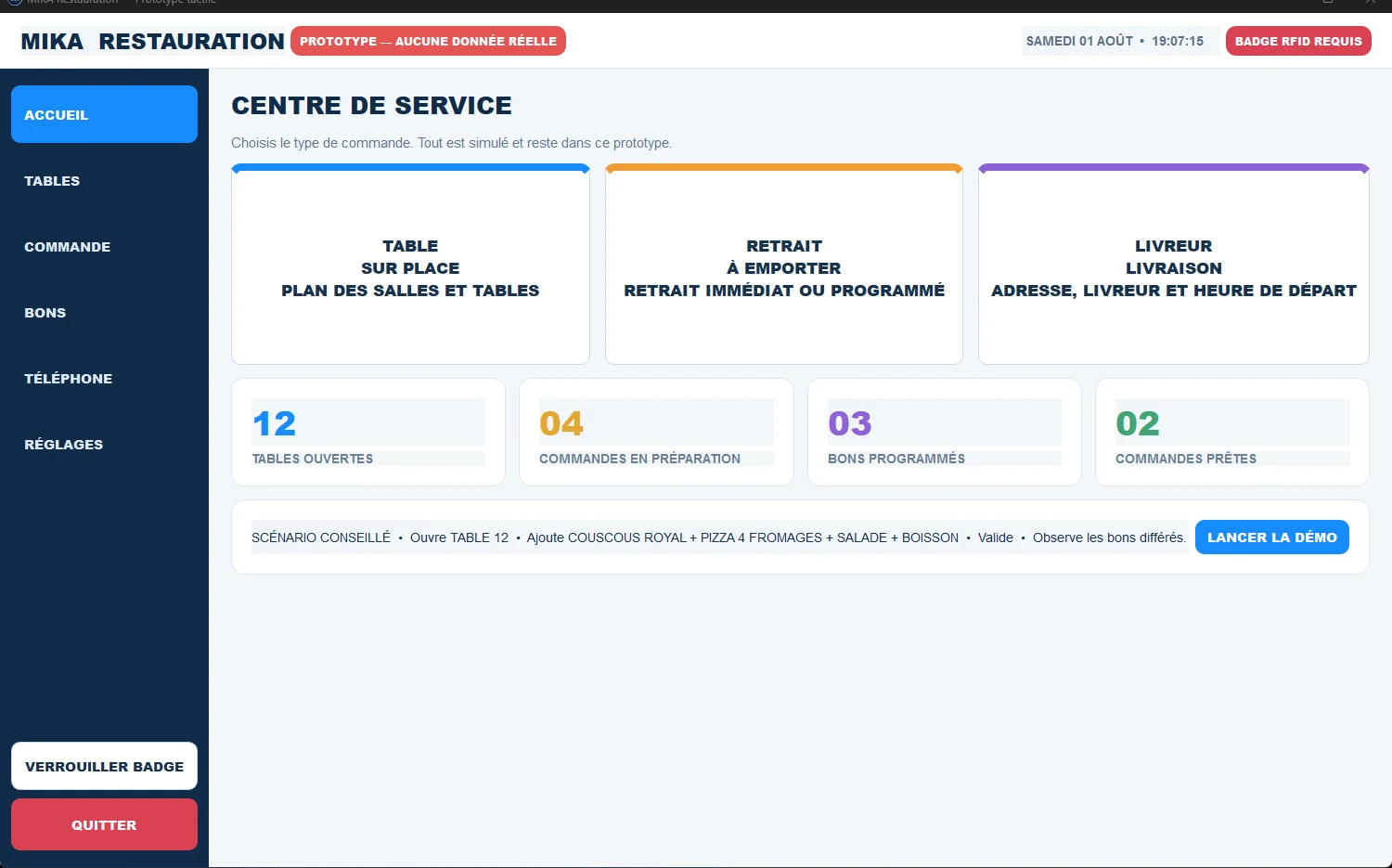 Centre de service du module Restauration avec commandes sur place, à emporter et livraison
