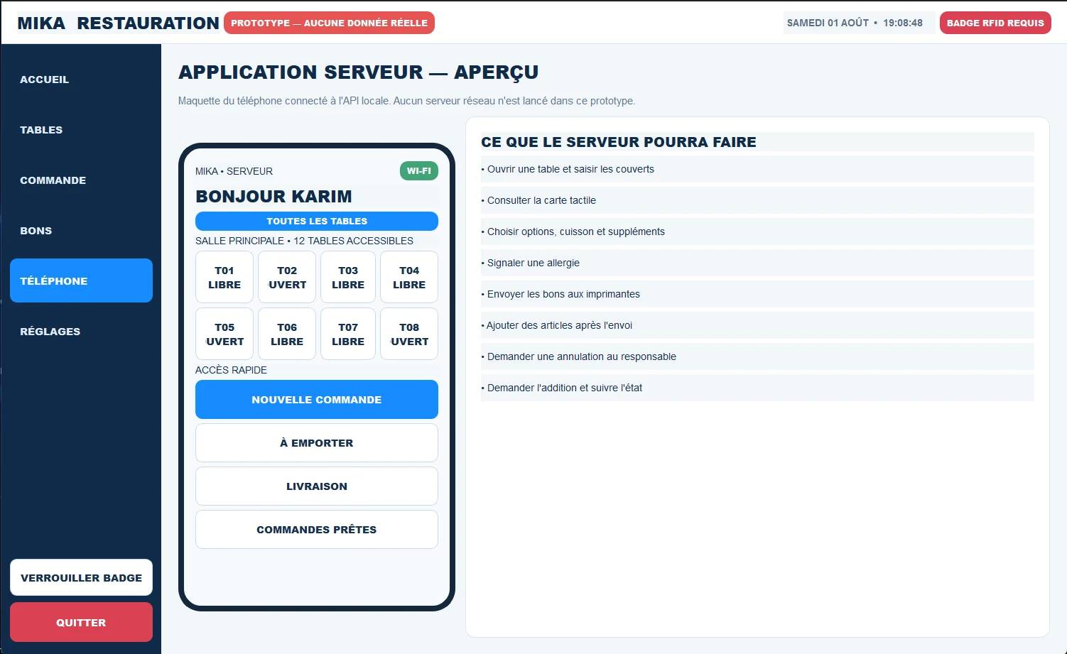 Application de prise de commande serveur sur téléphone ou tablette