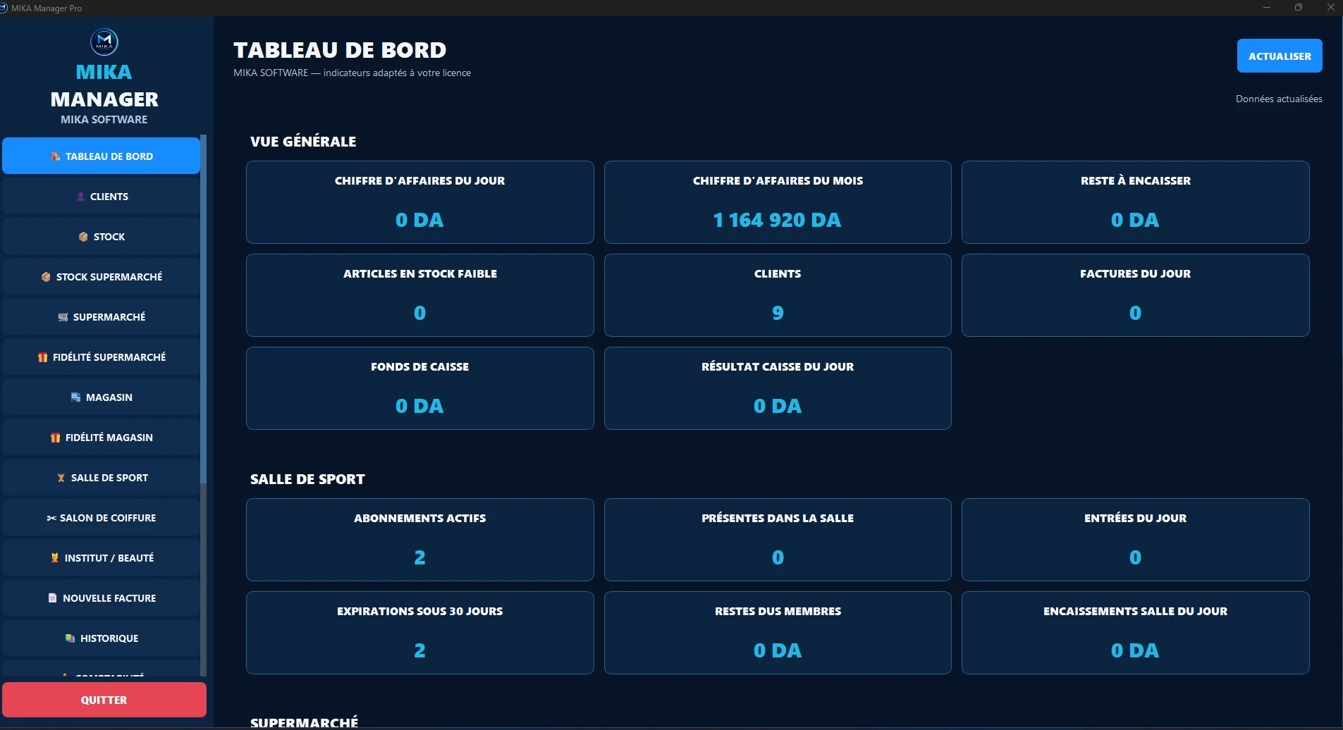 Tableau de bord de MIKA Manager Pro V3